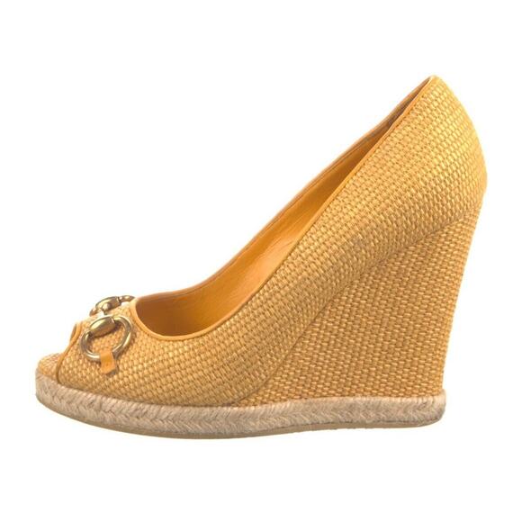 Authentic Gucci Yellow Raffia and Leather Charlotte Horsebit Wedge Pumps Sz 9.5 - Picture 3 of 6
